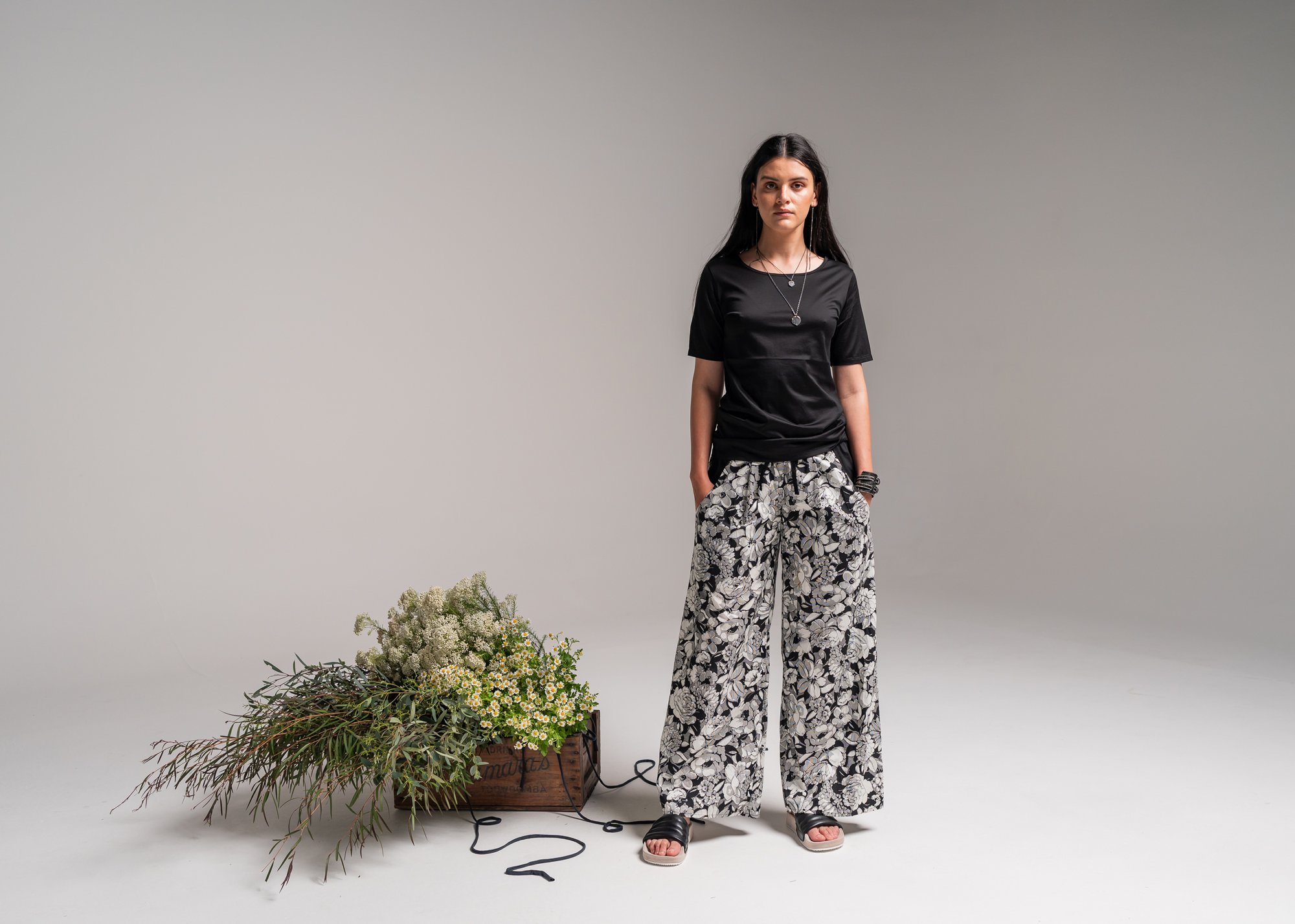 Lori Tee - Black Supima Cotton + Sprig Pants - Japanese Bloom Print 