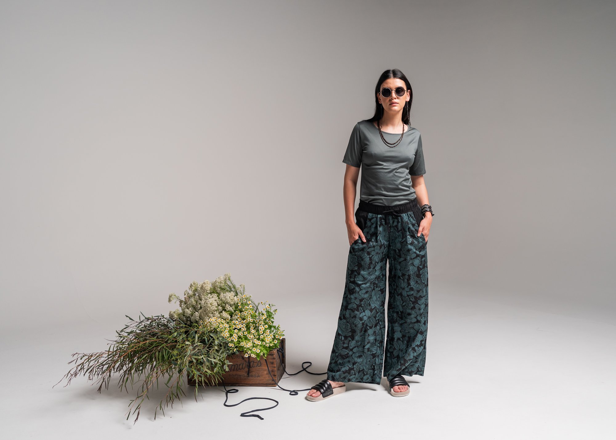 Lori Tee - Lichen Supima Cotton + Sprig Pants - Japanese Bloom Print Natural