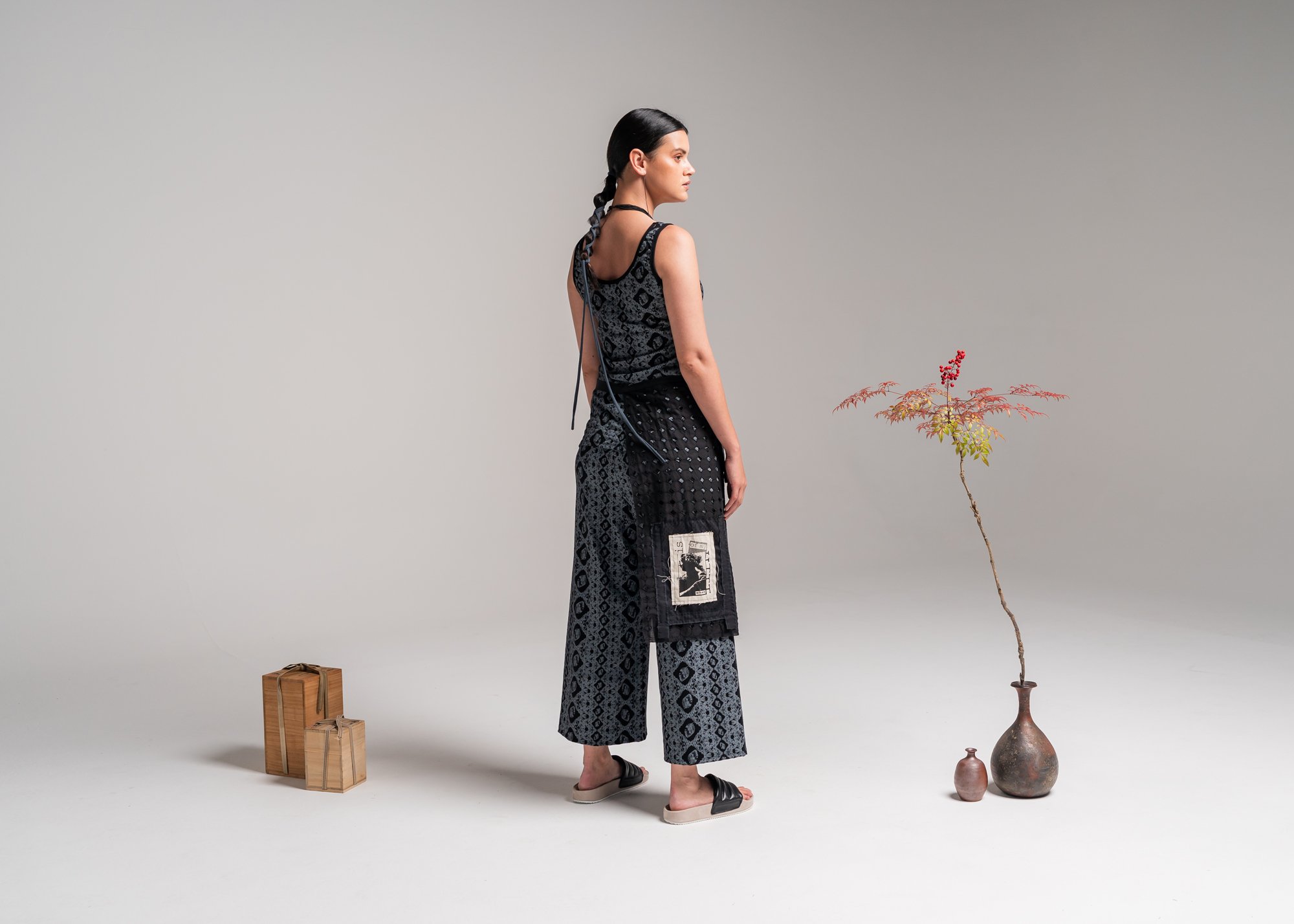 Greta Singlet - Black Print Australian Made Bamboo + Cleo Pants - Black Print Australian Made Bamboo + Ranticulated Apron 