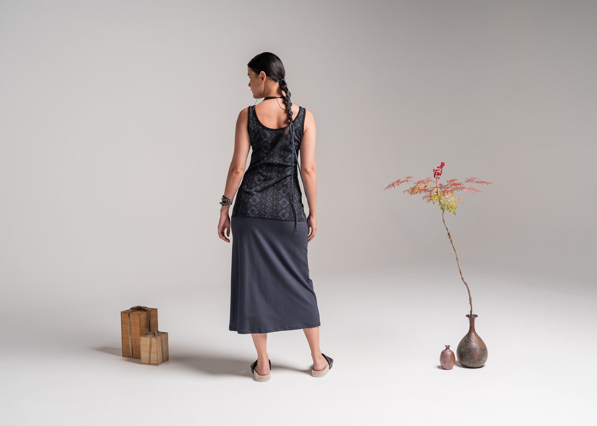 Greta Singlet - Storm Print Australian Made Bamboo + Thea Skirt - Storm Australian Made Bamboo