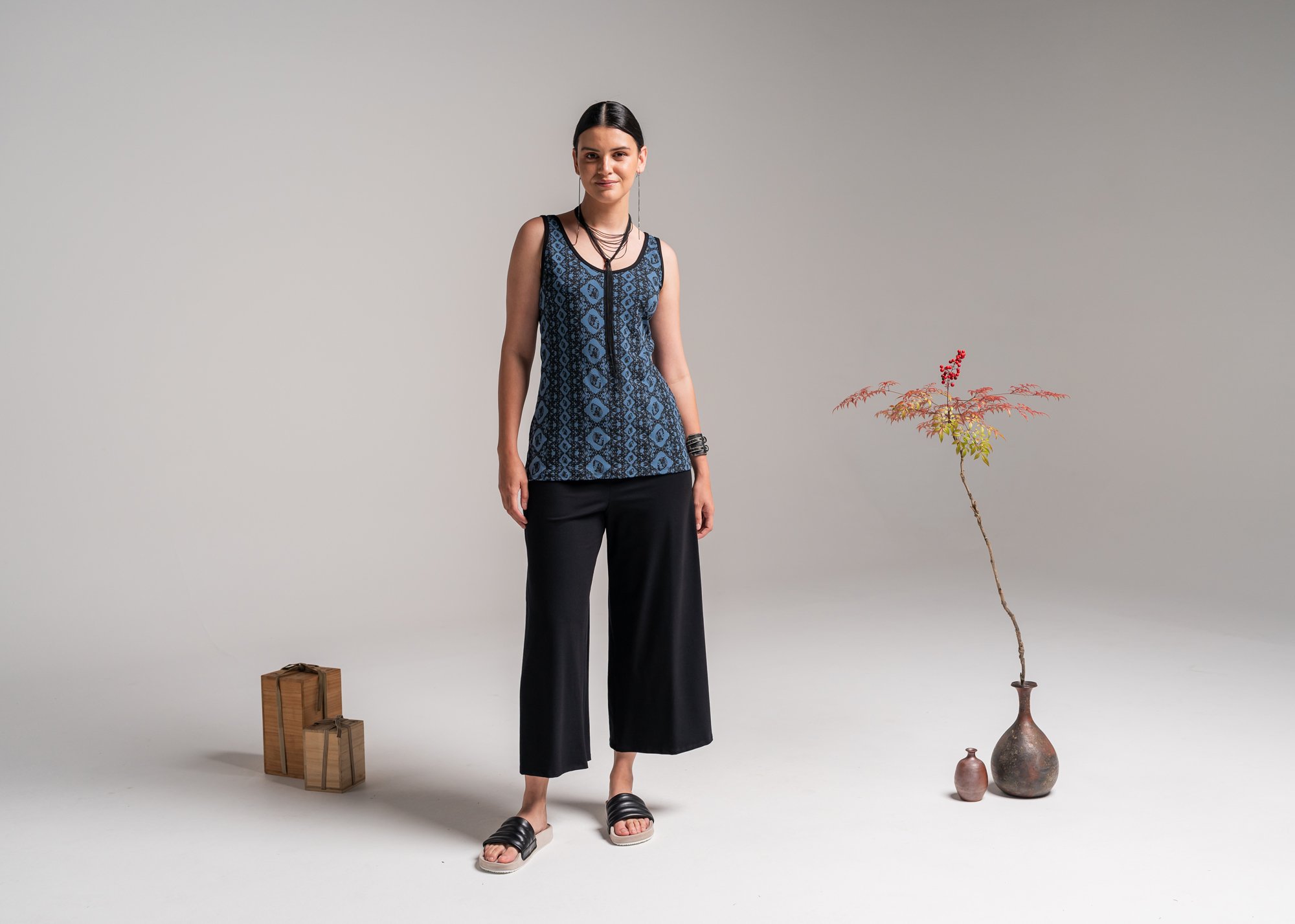 Greta Singlet - Steel Print Australian Made Bamboo + Cleo Pants - Black Australian Made Bamboo 