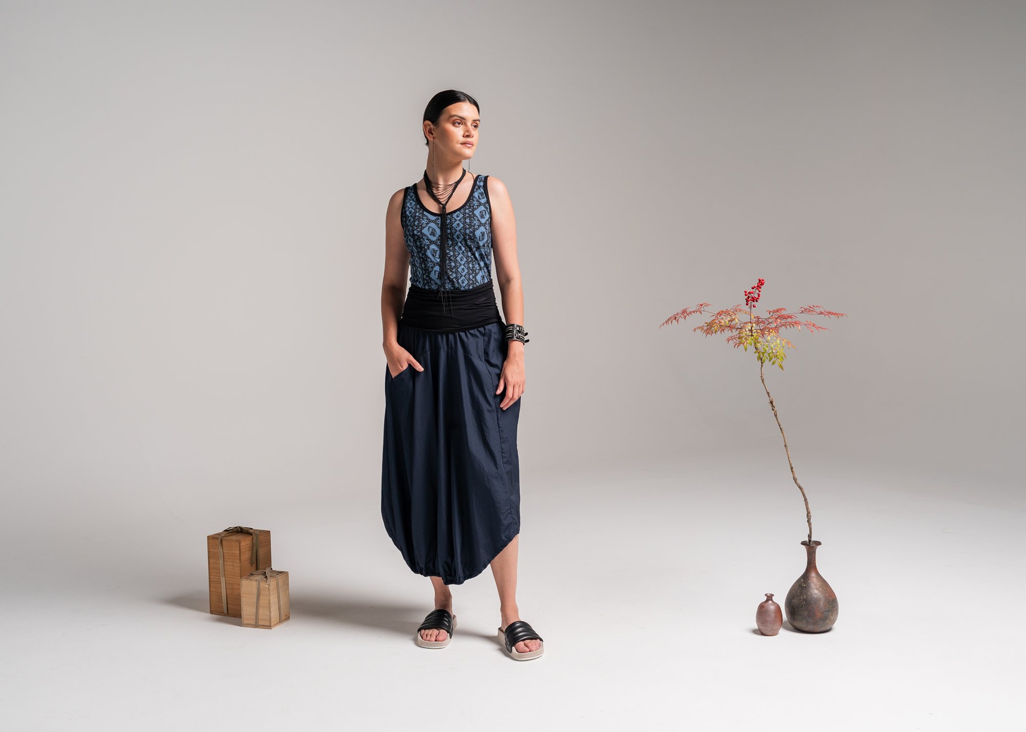 Greta Singlet - Steel Print Australian Made Bamboo + Levitate Skirt - Ink Japanese Cotton 