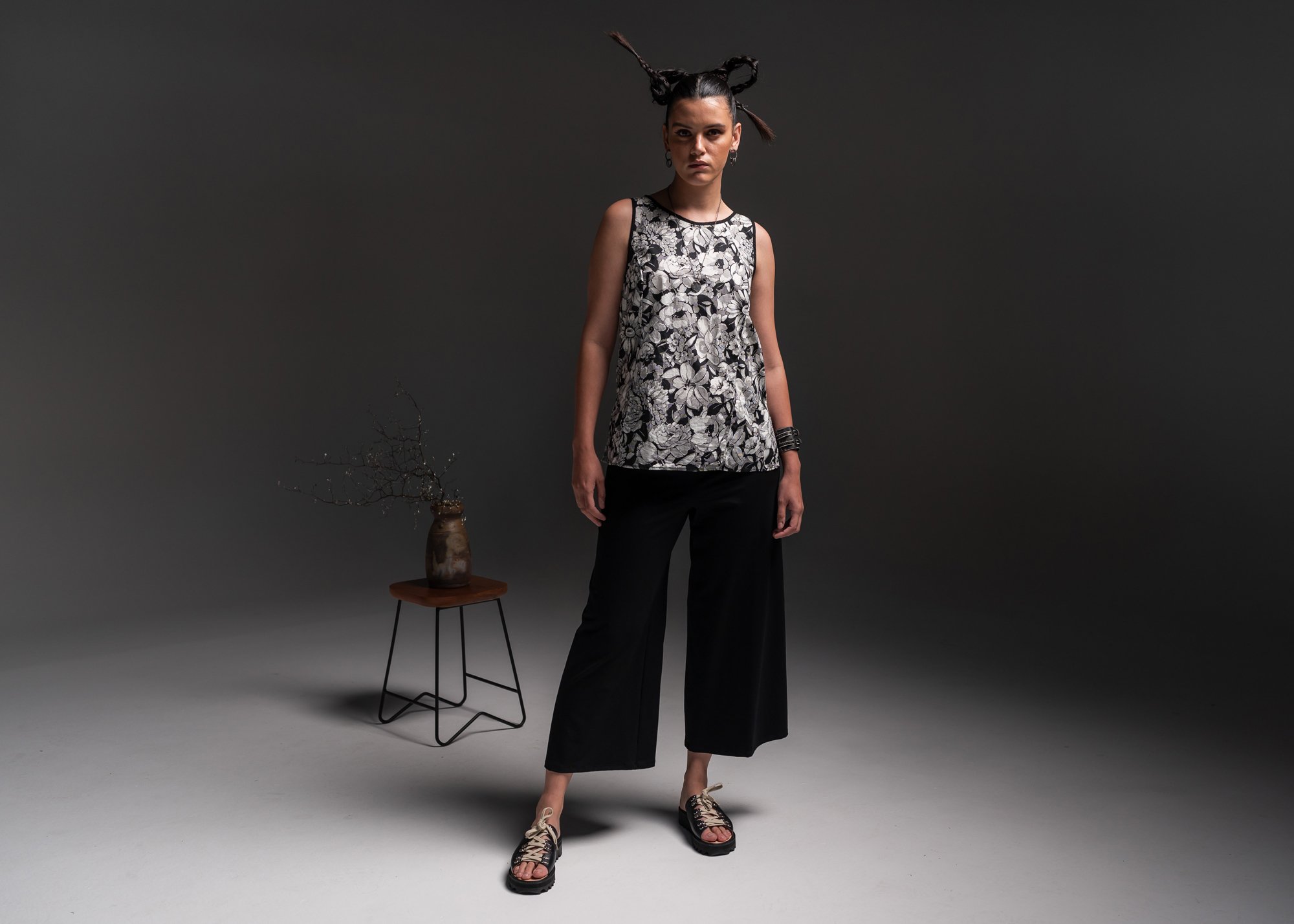 Monarch Top - Japanese Bloom Print Natural + Cleo Pants - Black Australian Made Bamboo