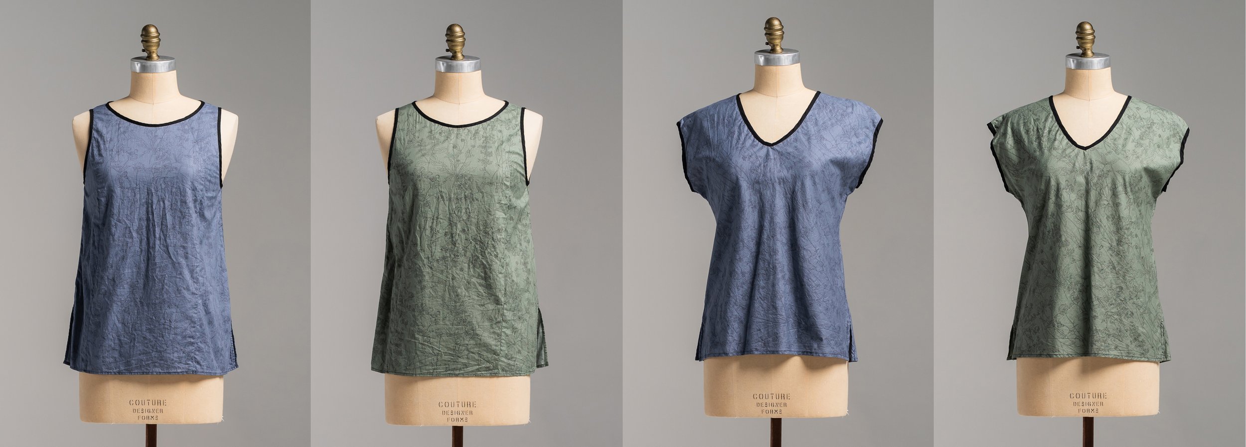 All Japanese Whisper Print - Left To Right:  Monarch Top Blue - Green - Moonflower Top Blue - Green