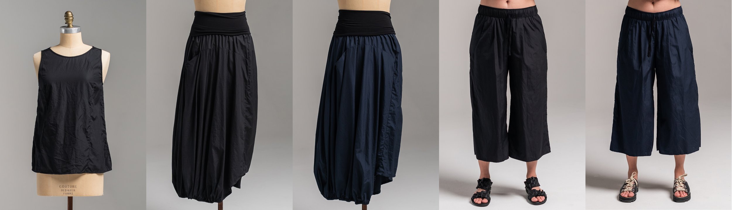 Left To Right: Monarch Top Black - Levitate Skirt Black - Ink - Whisper Culottes Black - Ink