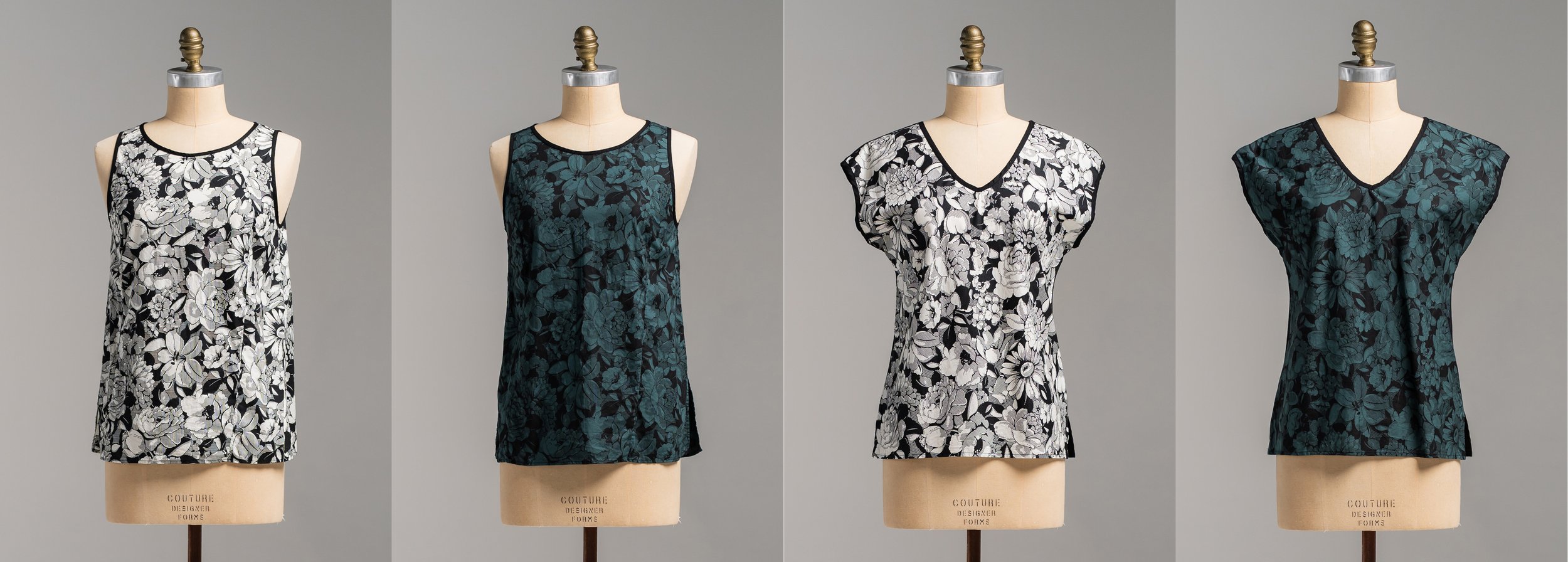 All Japanese Bloom Print - Left To Right: Monarch Top Natural -  Green - Moonflower Top Natural - Green
