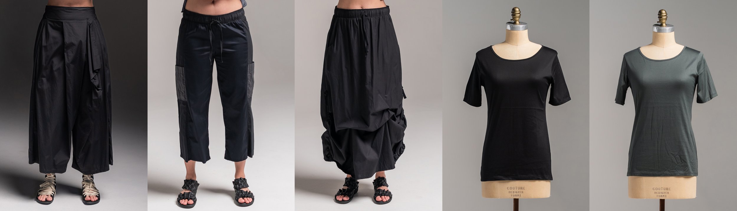 Left To Right: Asha Pants Black - Montage Pants Black - Marmalade Skirt Black - Lori Tee Black - Lichen