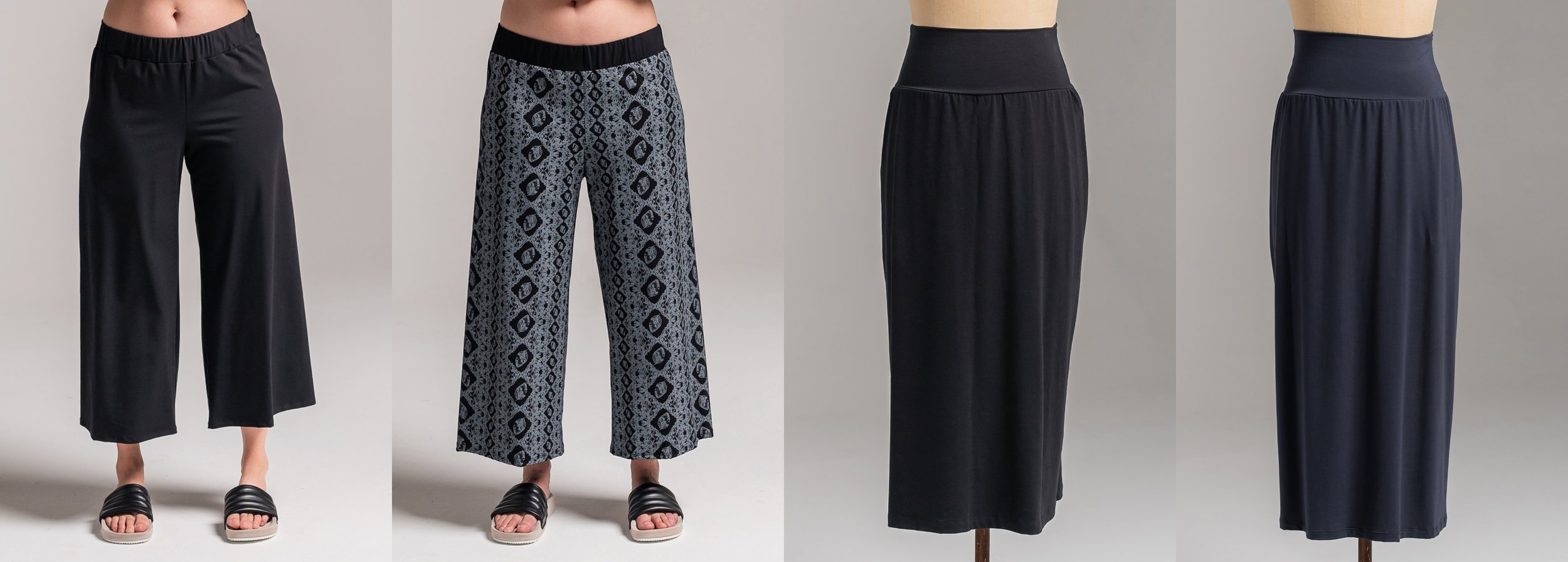 Left To Right: Cleo Pants Black - Printed - Thea Skirt Black - Storm