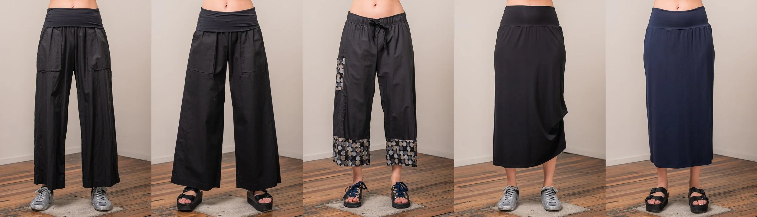Left to Right: Helen Pants Linen, Helen Pants Textured Cotton, The Botanist Pants, Thea Skirt Black, Thea Skirt Ink