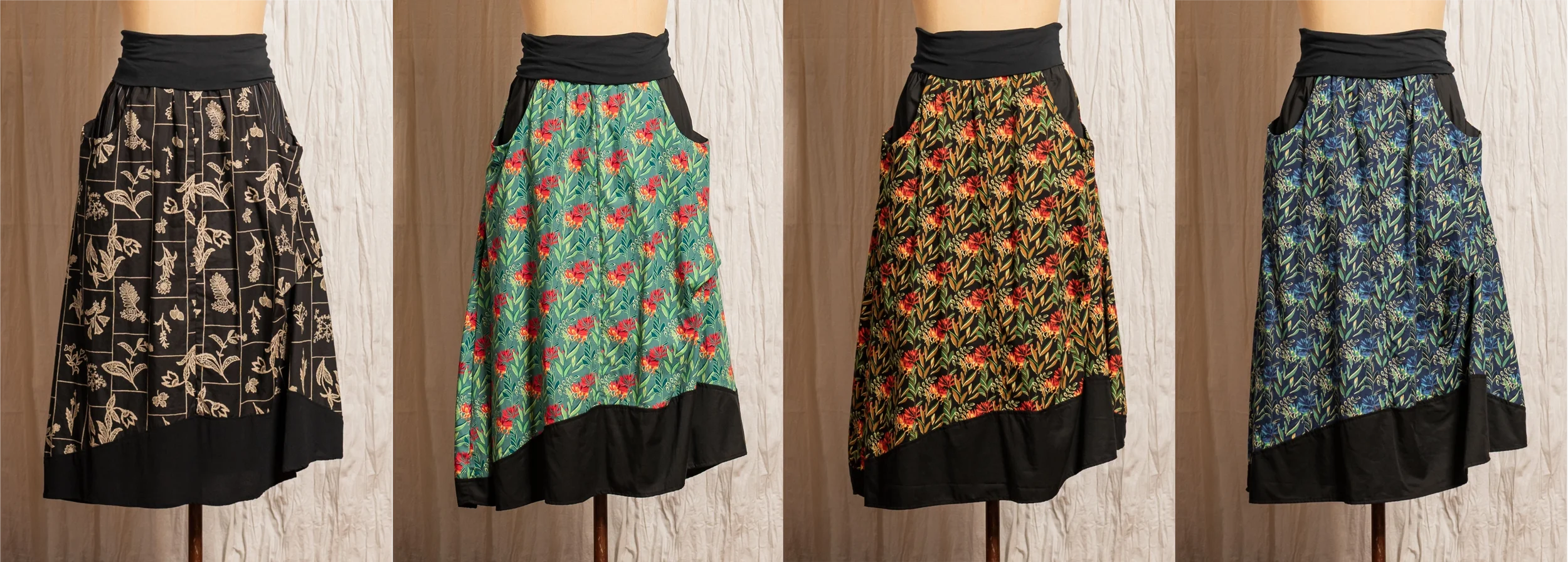 Dixie Skirts - Left to Right: Stitched Print, Turquoise Print, Black Print, Ink Print