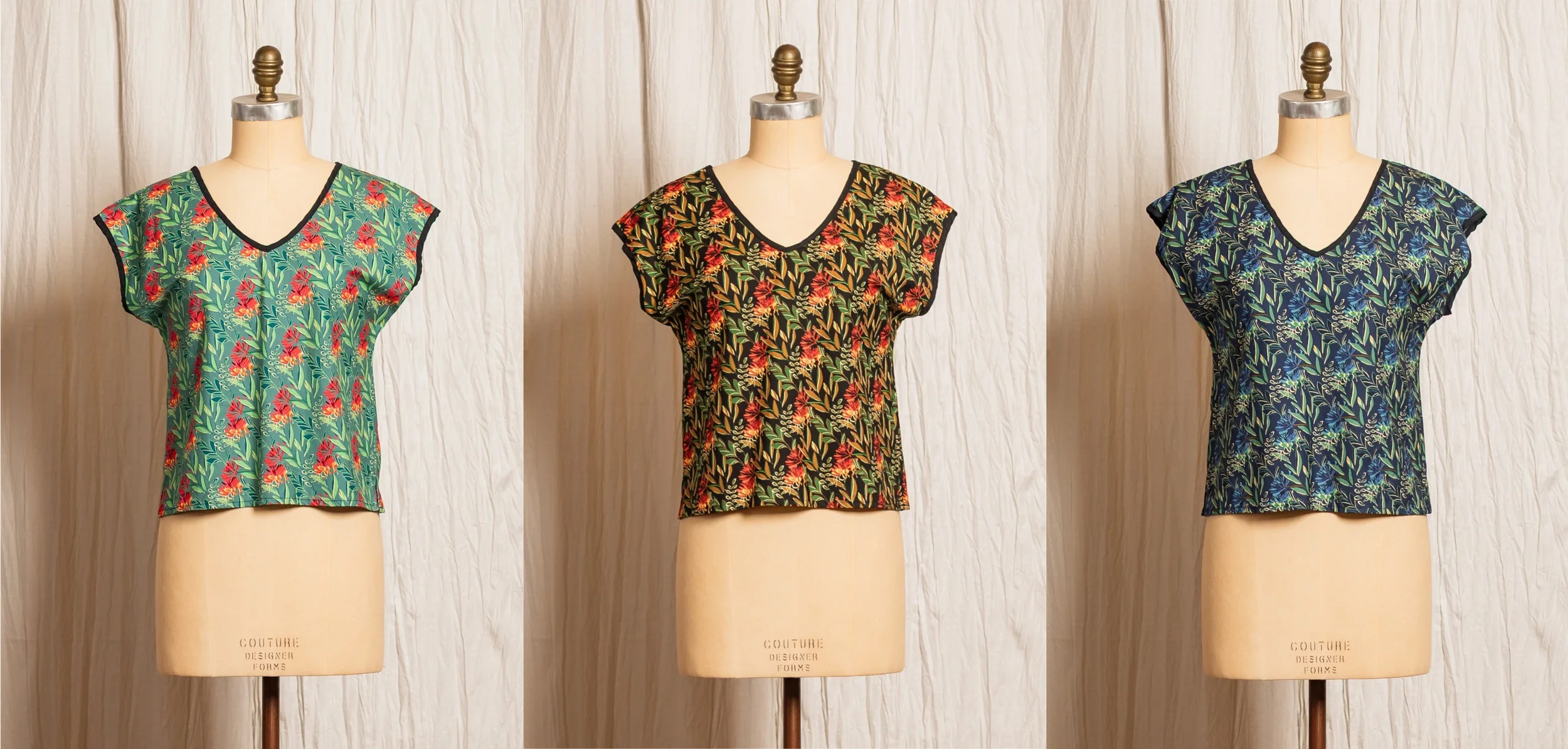 Moonflower Tops - Left to Right: Turquoise Print, Black Print, Ink Print