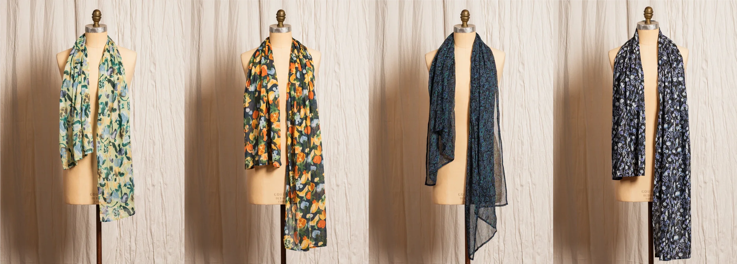 Scarves - Left to Right: Tutti Green, Tutti Orange, Night Lotus, Nightflower