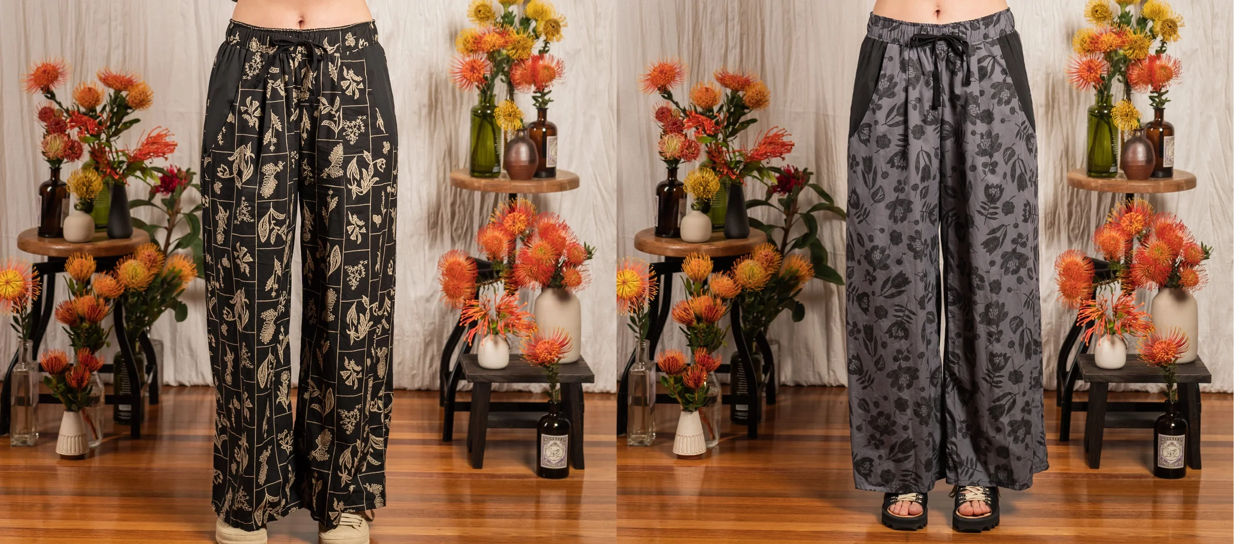 Sprig Pants - Left: Stitched Print - Right: Scribble Print