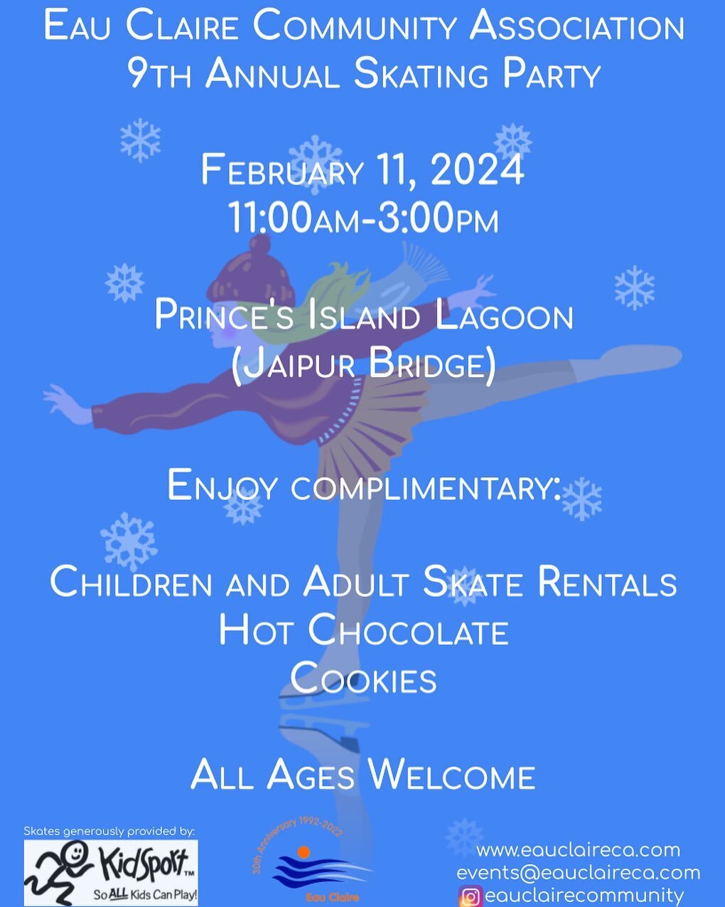 Please join us for our 9th annual skating party! It&rsquo;ll be loads of fun with FREE skate and helmet rentals. All ages are welcome!

Sunday, February 11th 2024
11:00am-3:00pm
Prince&rsquo;s Island Lagoon (Jaipur Bridge)

See you there!
.
.
.
.
.
.
