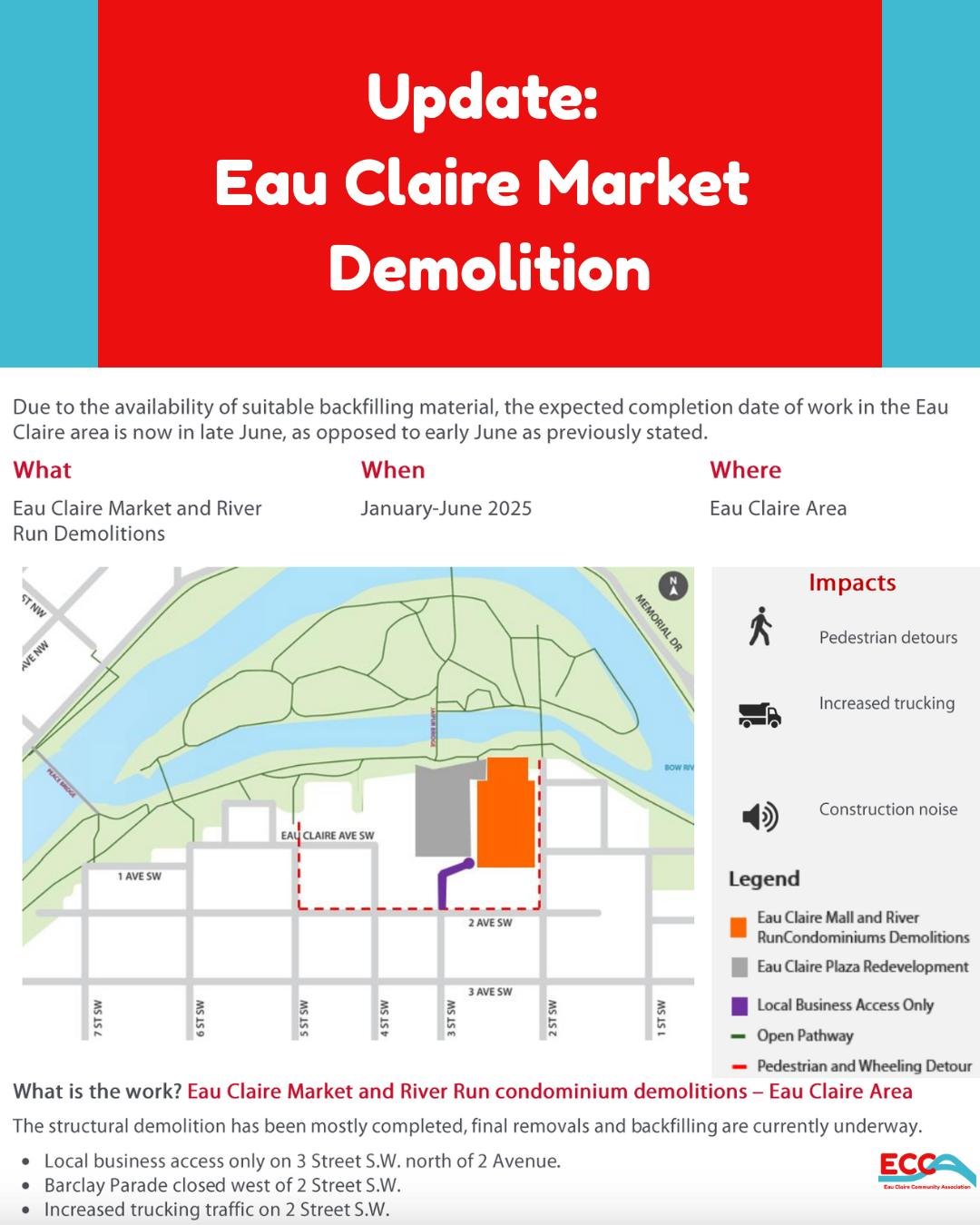 Construction update &ndash; Eau Claire Market &amp; River Run sites
Work in the area is now expected to wrap up in late June (previously early June) due to delays in suitable backfill material. Trucks will continue hauling materials in as they become
