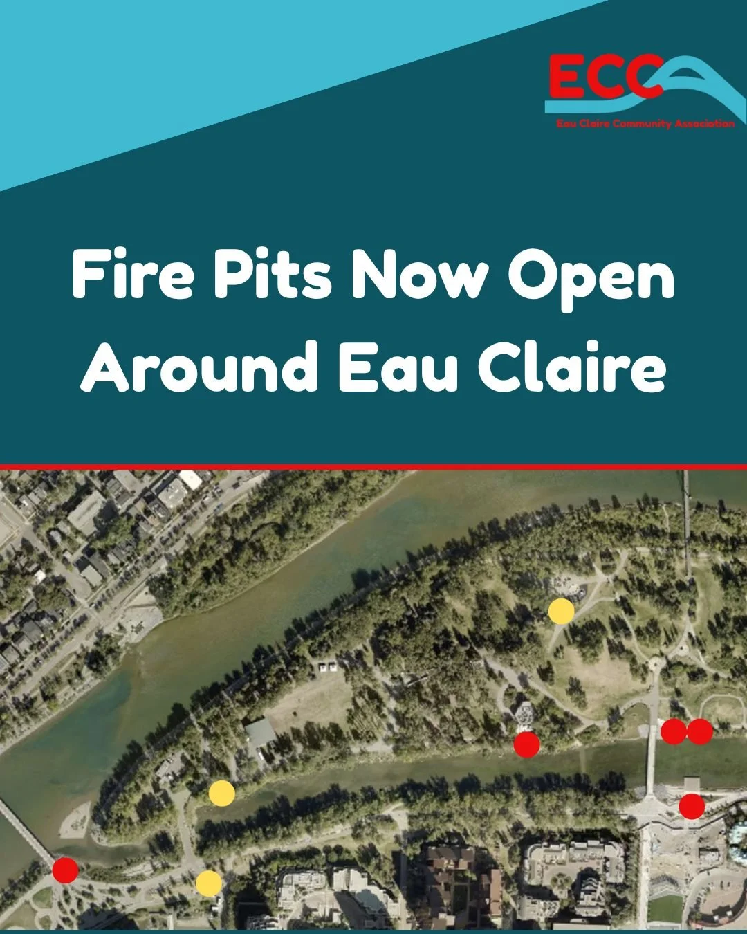 Cozy winter days are here, and the public fire pits throughout Eau Claire are ready to enjoy. 

Schedule:
 &bull; Red dot fire pits: Lit daily from Friday, November 14, 12:00 PM to 7:00 PM
 &bull; Yellow dot fire pits: Opening in early December as th