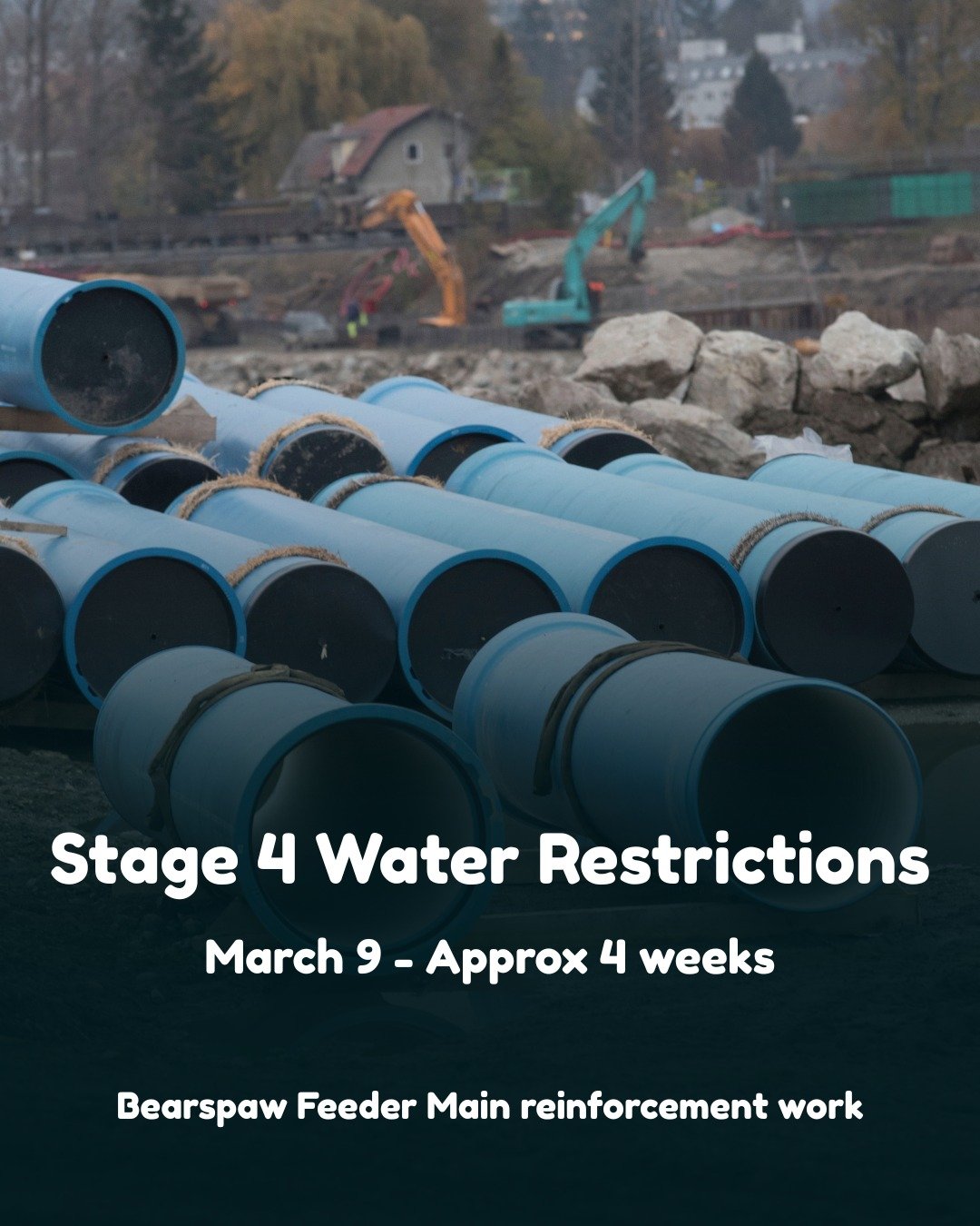 Stage 4 water restrictions will be in effect for approximately 4 weeks starting March 9.

The City of Calgary is beginning the first phase of reinforcement work on the Bearspaw South Feeder Main. During this time, the feeder main will be taken offlin