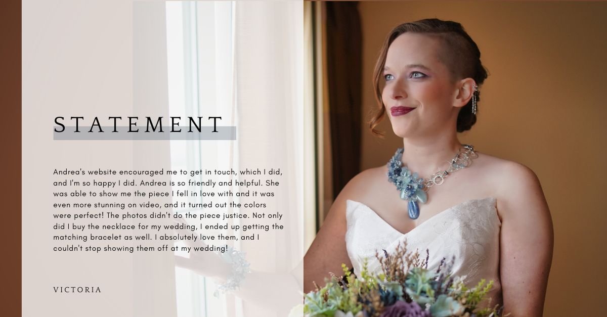 Split design with testimonial text beside a smiling bride wearing a blue gemstone statement necklace and matching jewelry.