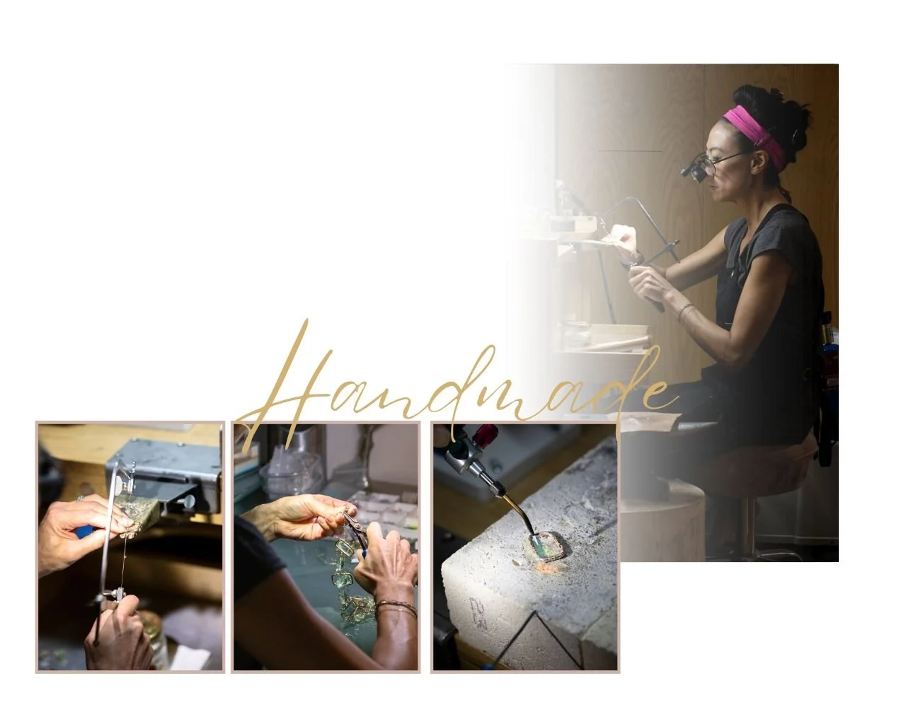 Andrea Li at her jewelry bench, with three close-ups of her hands at work and the word Handmade