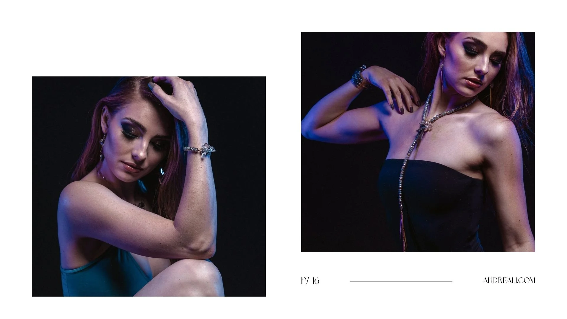 Editorial-style lookbook page featuring a moody portrait of a woman in blue and purple lighting wearing gemstone drop earrings, alongside product photos of coordinating gold-and-gemstone earring and necklace designs.