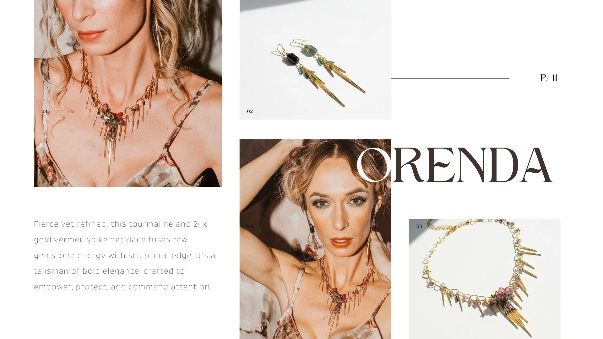 Orenda lookbook collage showing a model wearing a tourmaline and 24k gold vermeil spike fringe necklace, alongside clean product photos of matching spike drop earrings and the necklace laid flat on a white background.