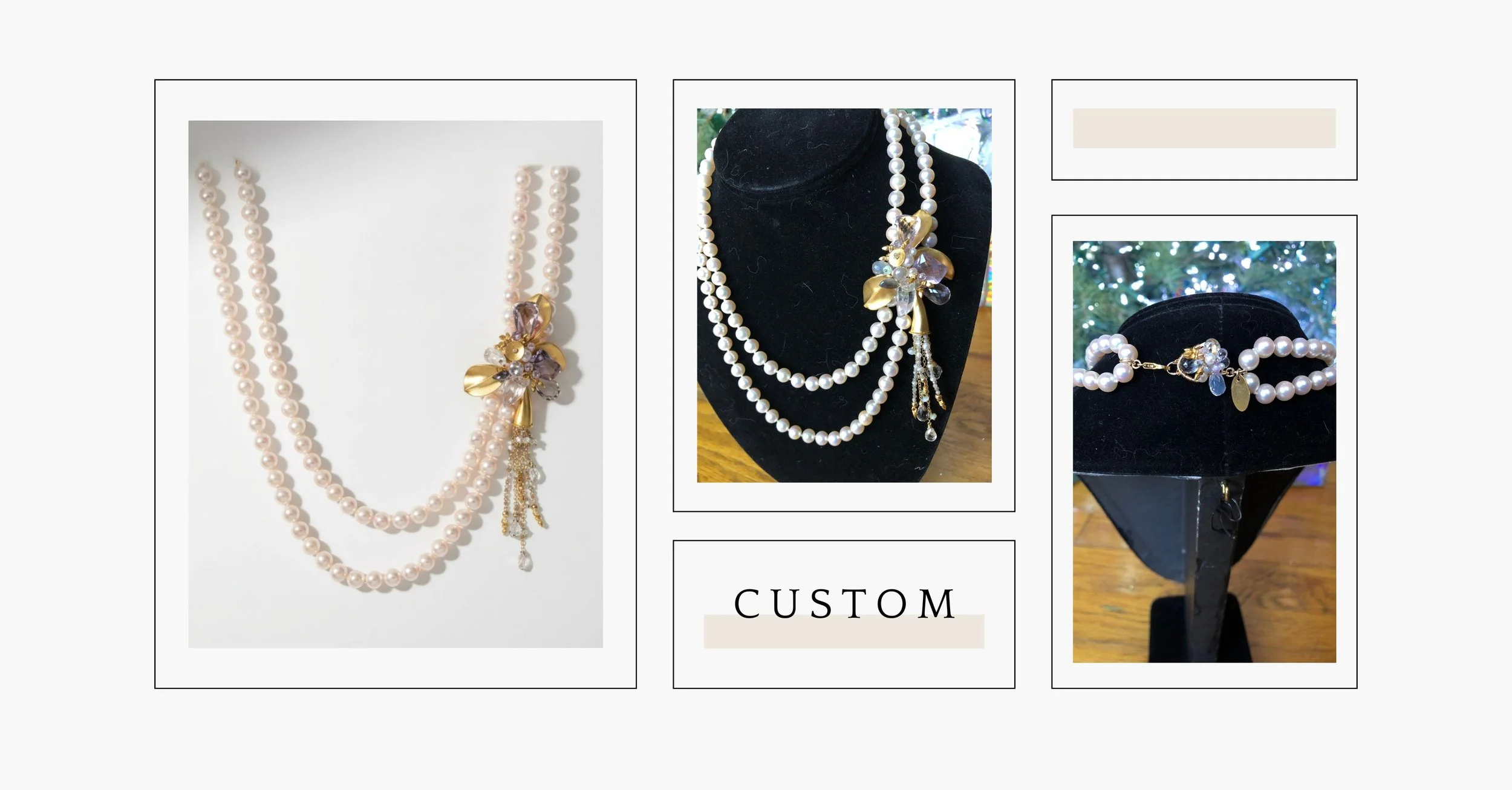 Minimalist collage featuring a double-strand pearl necklace, matching bracelet, and detail photos, with the word “Custom” on gray.