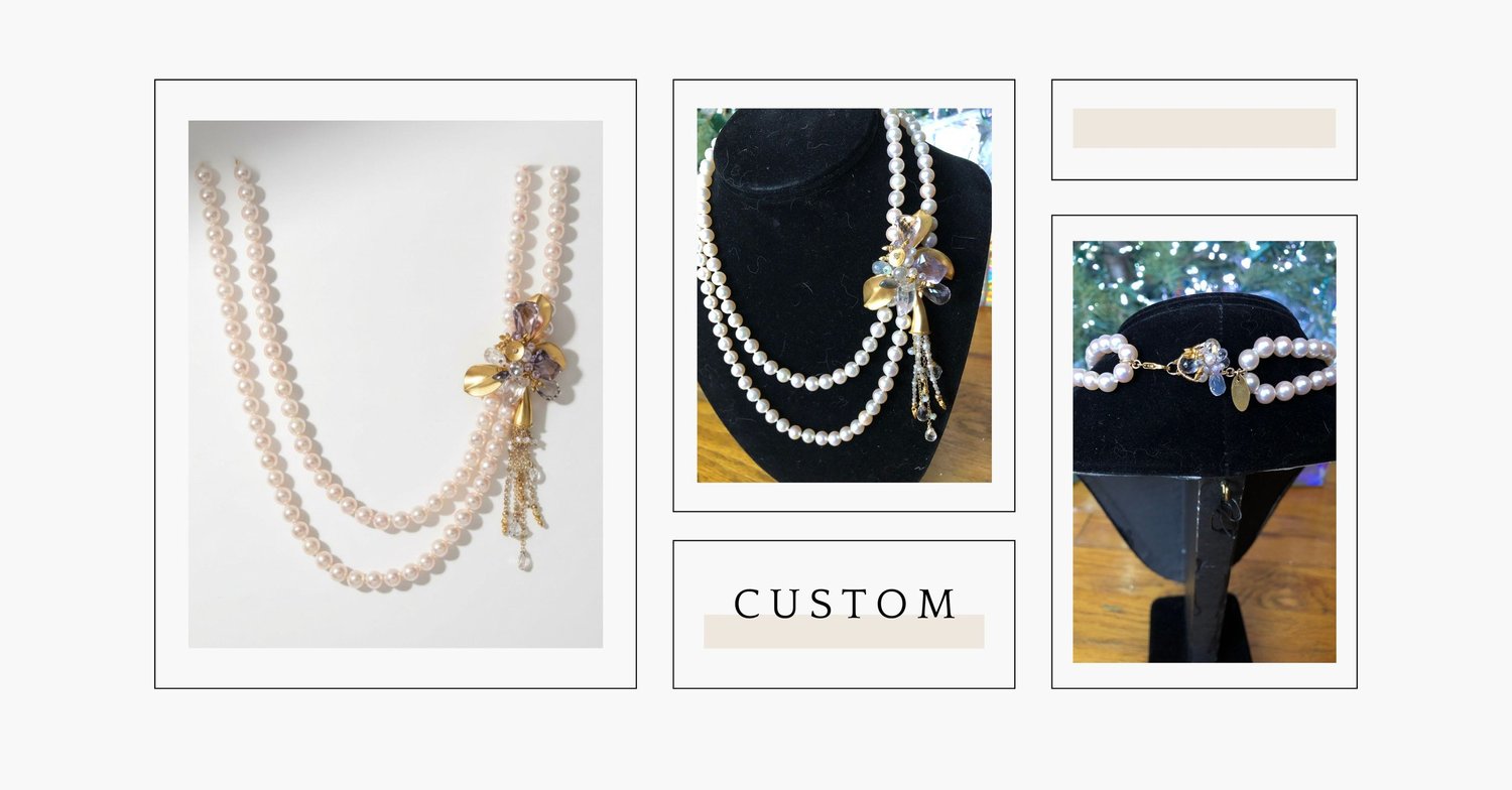 Carolyn's doubled-strand pearl commission by Andrea Li, shown flat, on a bust, and from the back: her late mother-in-law's pearl strand with an asymmetrical opal-and-vermeil flourish and a custom 24k gold vermeil cone clasp