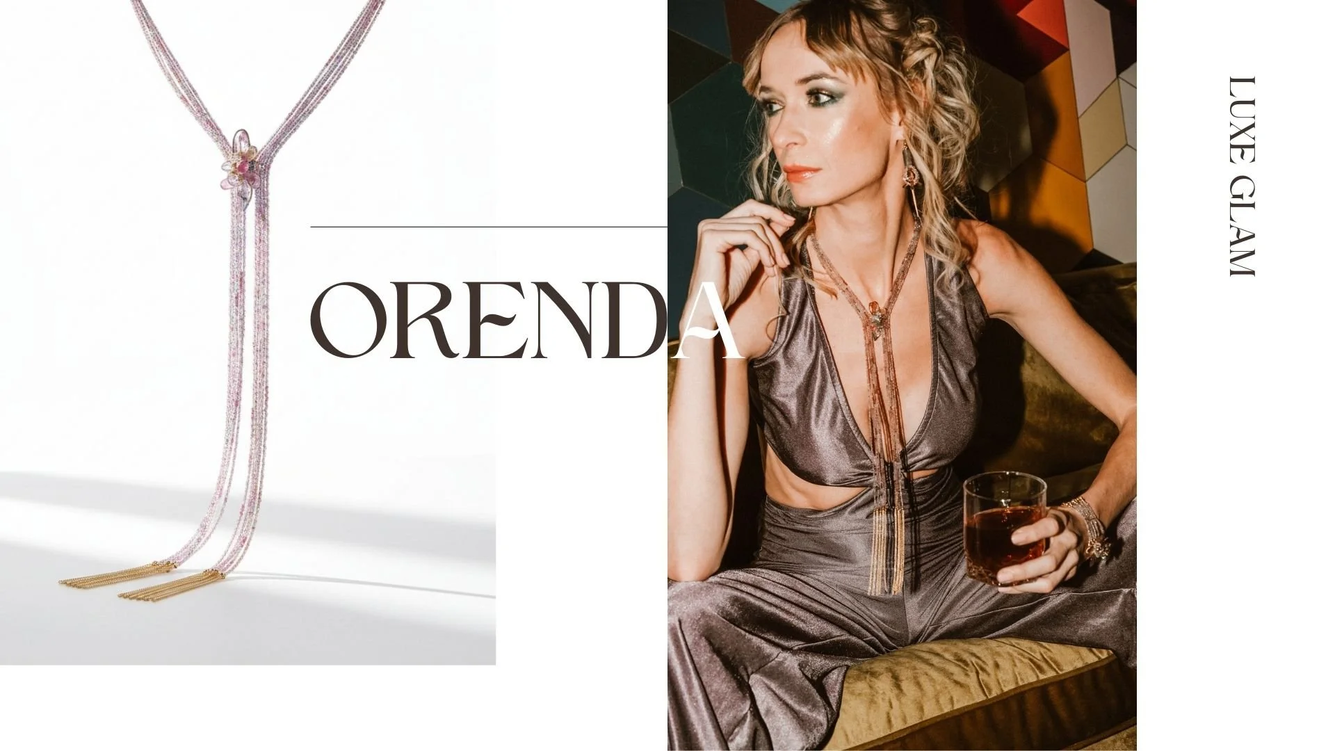 Orenda Luxe Glam lookbook spread featuring a long multi-strand pink tourmaline lariat necklace with gold tassel ends, shown as a clean product shot and styled on a model in an evening look.