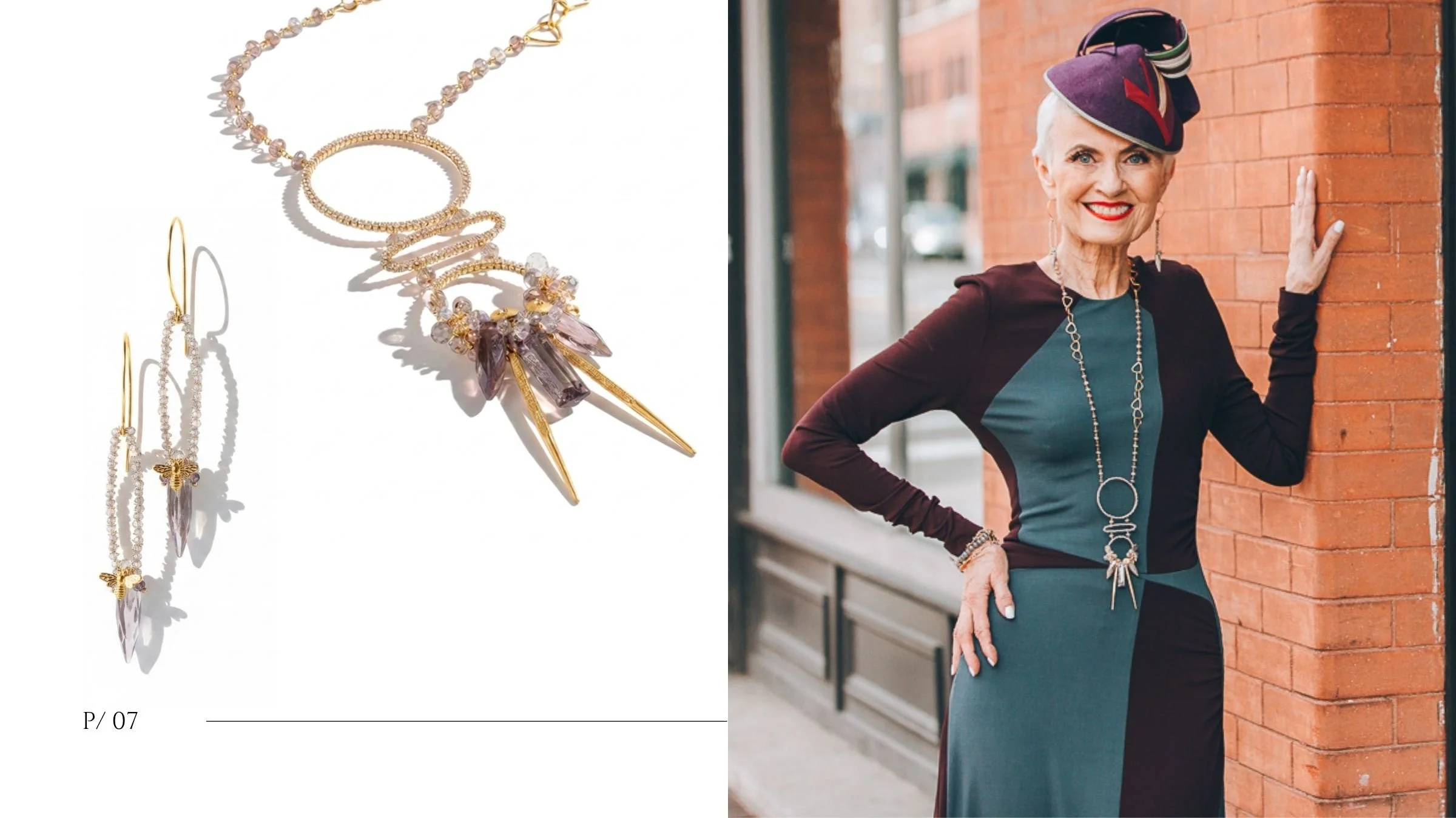 Style Crone in a long amethyst and gold statement necklace by Andrea Li against a brick wall