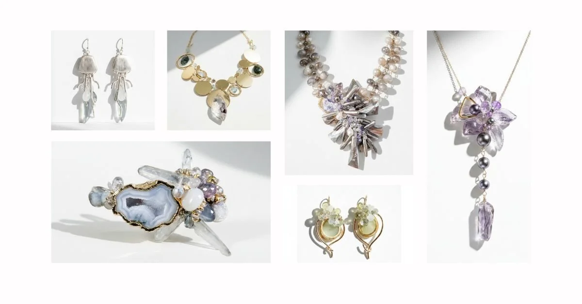 Collage of custom jewelry pieces, including statement earrings, necklaces, a ring, and floral earrings, arranged on a soft white background.
