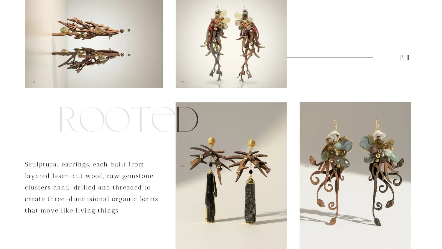 Editorial-style lookbook page featuring four product photos of sculptural nature-inspired statement earrings made from layered wood, gemstones, and organic branch-like forms.
