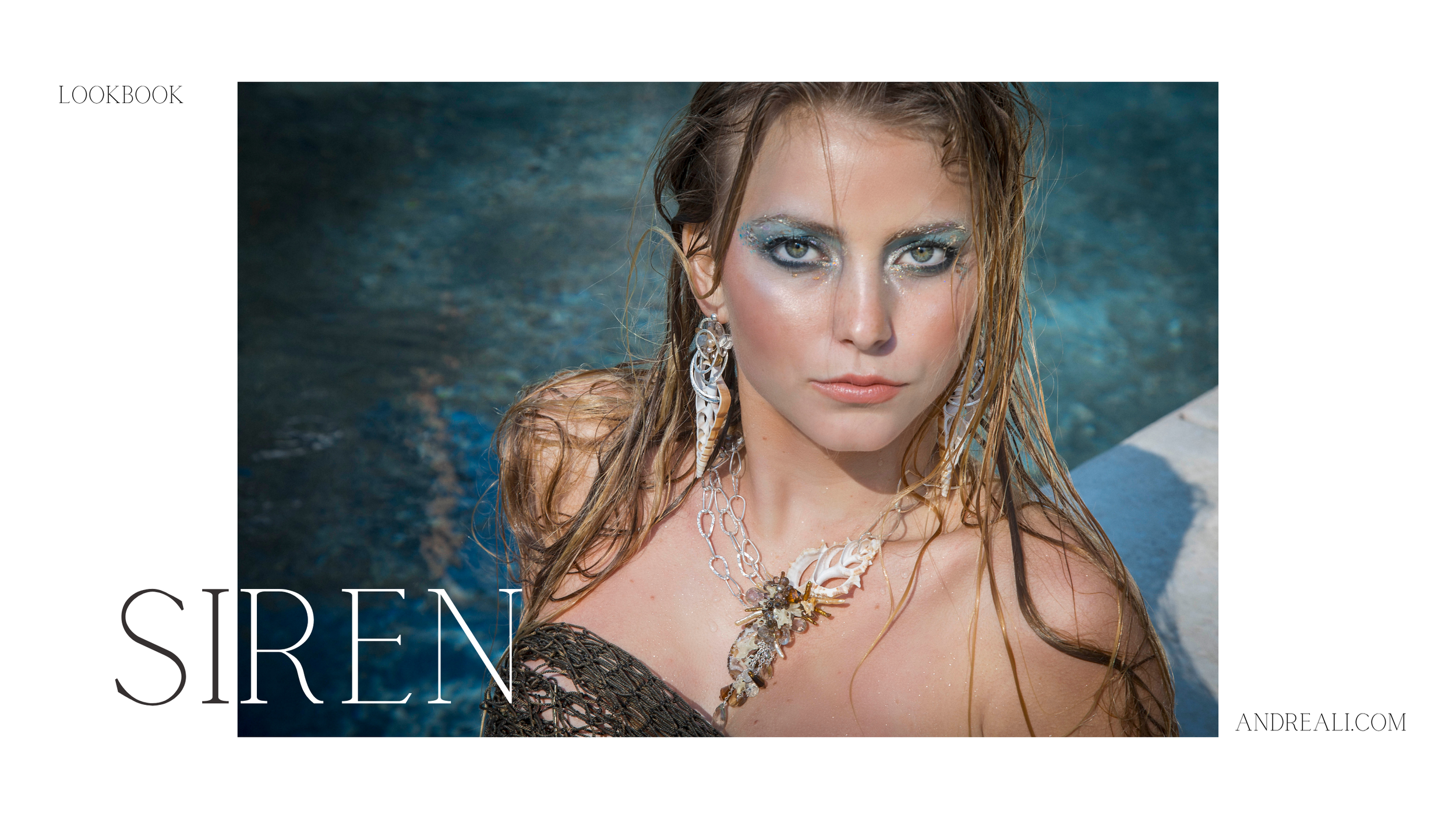 A siren model in the water wearing a shell and coral statement necklace by Andrea Li, the cover of the Seashell lookbook