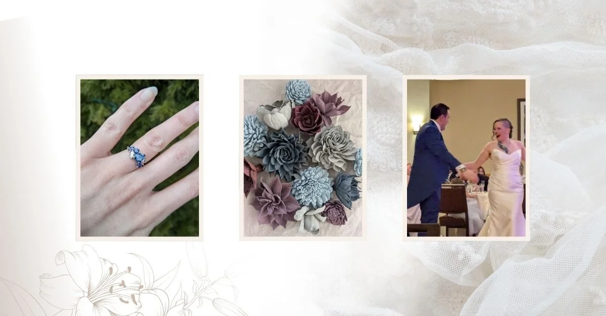 Wedding inspiration collage on a soft lace background with three framed photos: a close-up of a hand wearing a blue gemstone ring, a flat-lay of blue and mauve succulent-style floral arrangements, and a couple dancing at a wedding reception.