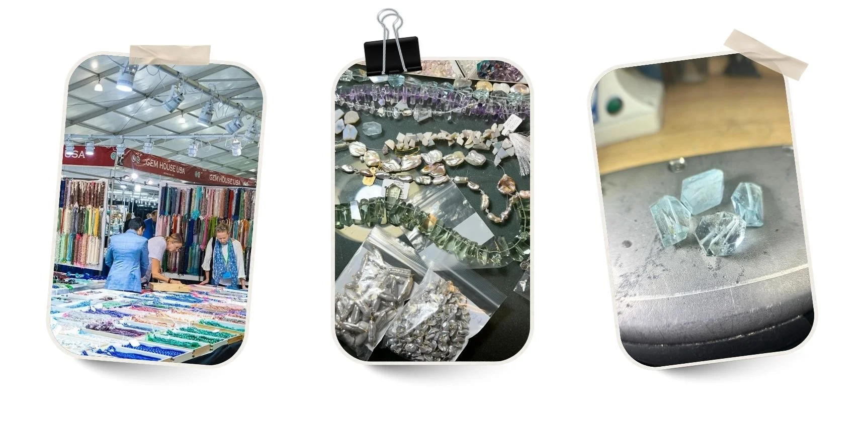 Three-photo collage showing gemstone sourcing, including shoppers browsing strands of beads at a gem show, a tabletop display of assorted gemstones and pearls, and a close-up of pale green faceted stones on a jeweler’s bench.