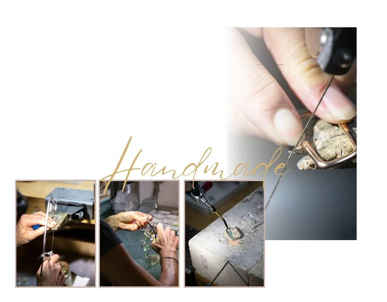 "Handmade" in gold script over close views of Andrea Li's hands at the bench: soldering, setting stones and wiring a piece