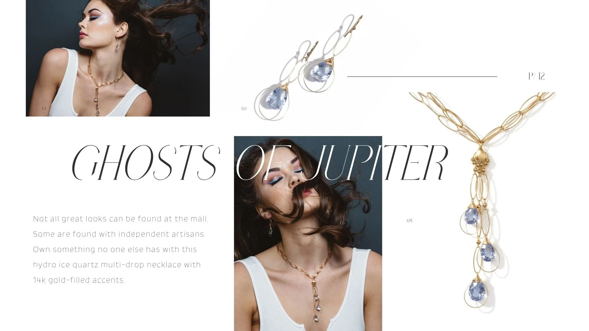Jewelry editorial collage with a brunette model wearing gold and quartz pieces, plus close-ups of blue gemstone earrings and necklace.