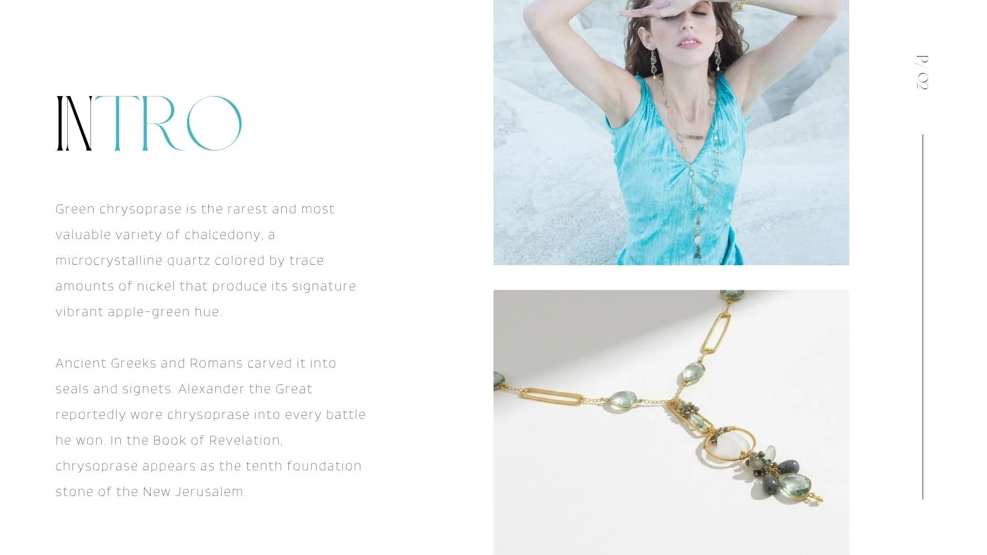 Lookbook intro page with chrysoprase text, a model in an aqua dress, and a gold necklace with pale green stones.