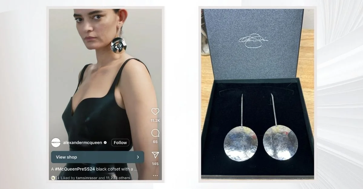 Side-by-side image of a model wearing oversized silver disc earrings and the finished hammered pair displayed in a jewelry box.