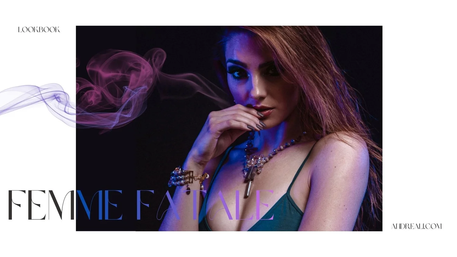 Lookbook cover for “Femme Fatale” featuring a moody portrait of a woman in statement jewelry, lit in blue and purple tones with wisps of smoke across the image.
