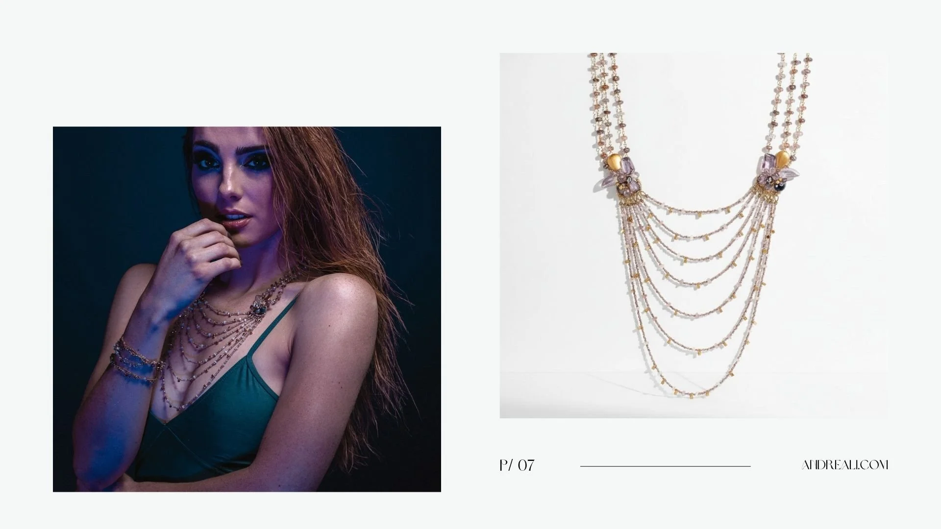 Lookbook spread featuring a moody portrait of a woman wearing a draped layered necklace and bracelet, alongside a product photo of the same multi-strand gemstone necklace with cascading chains in blush, smoky gray, and gold tones.