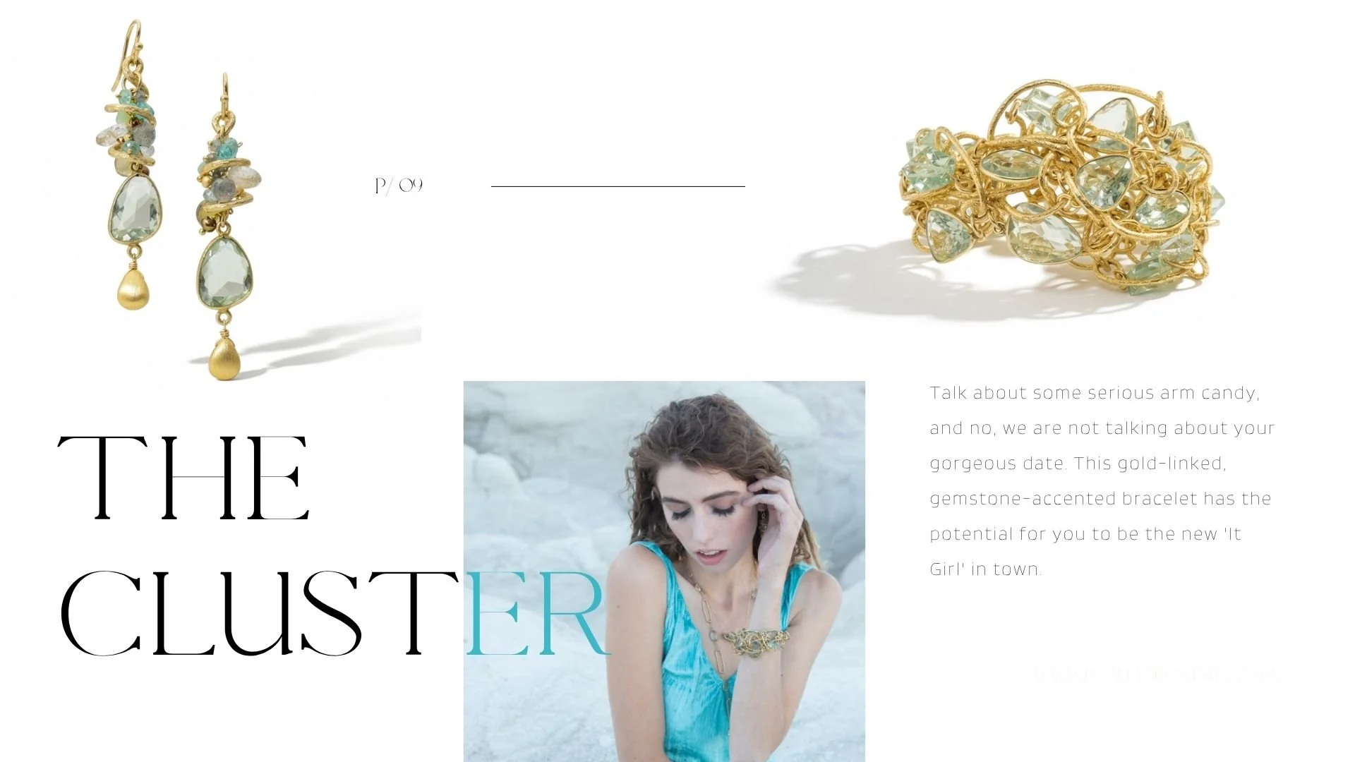 Lookbook page with pale green gemstone earrings and bracelet, plus a model portrait in an aqua dress against white stone.