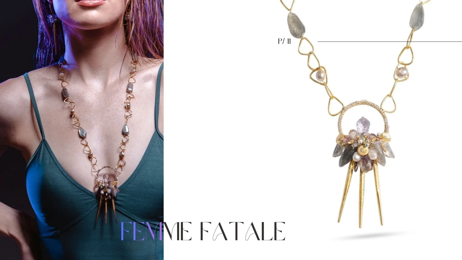 Lookbook spread featuring a close-up portrait of a woman wearing a gold pendant necklace with smoky gemstones and spike details, alongside a product photo of the same statement necklace with heart-shaped links and a clustered gemstone centerpiece.