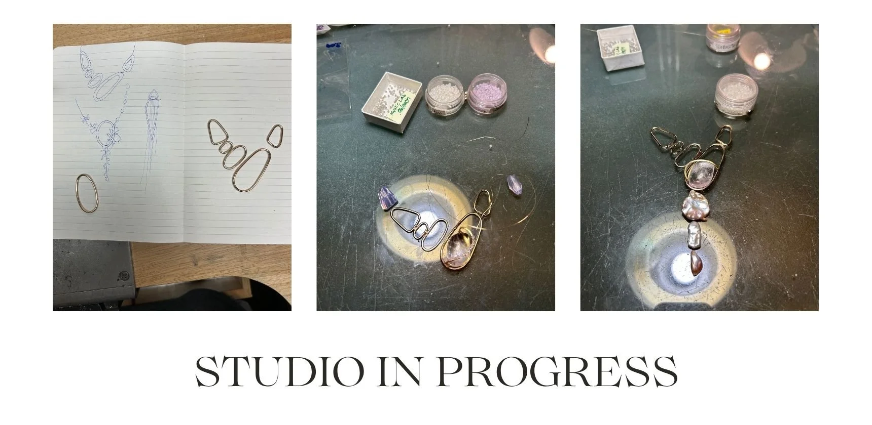 Studio progress collage showing jewelry sketches, shaped wire frames, gemstones, pearls, and an evolving handmade necklace design.