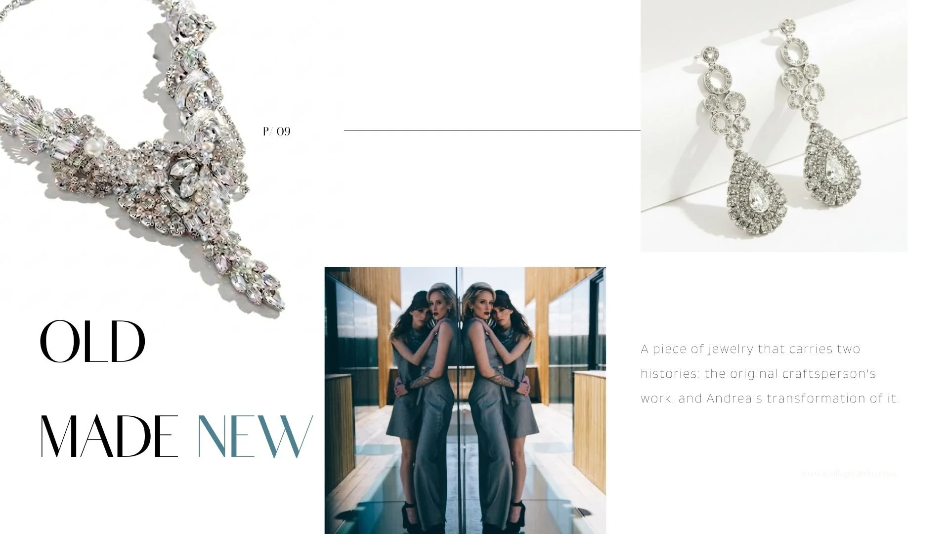 Mod lookbook spread with crystal statement jewelry, dramatic mirrored model portrait, and sparkling drop earrings on white.