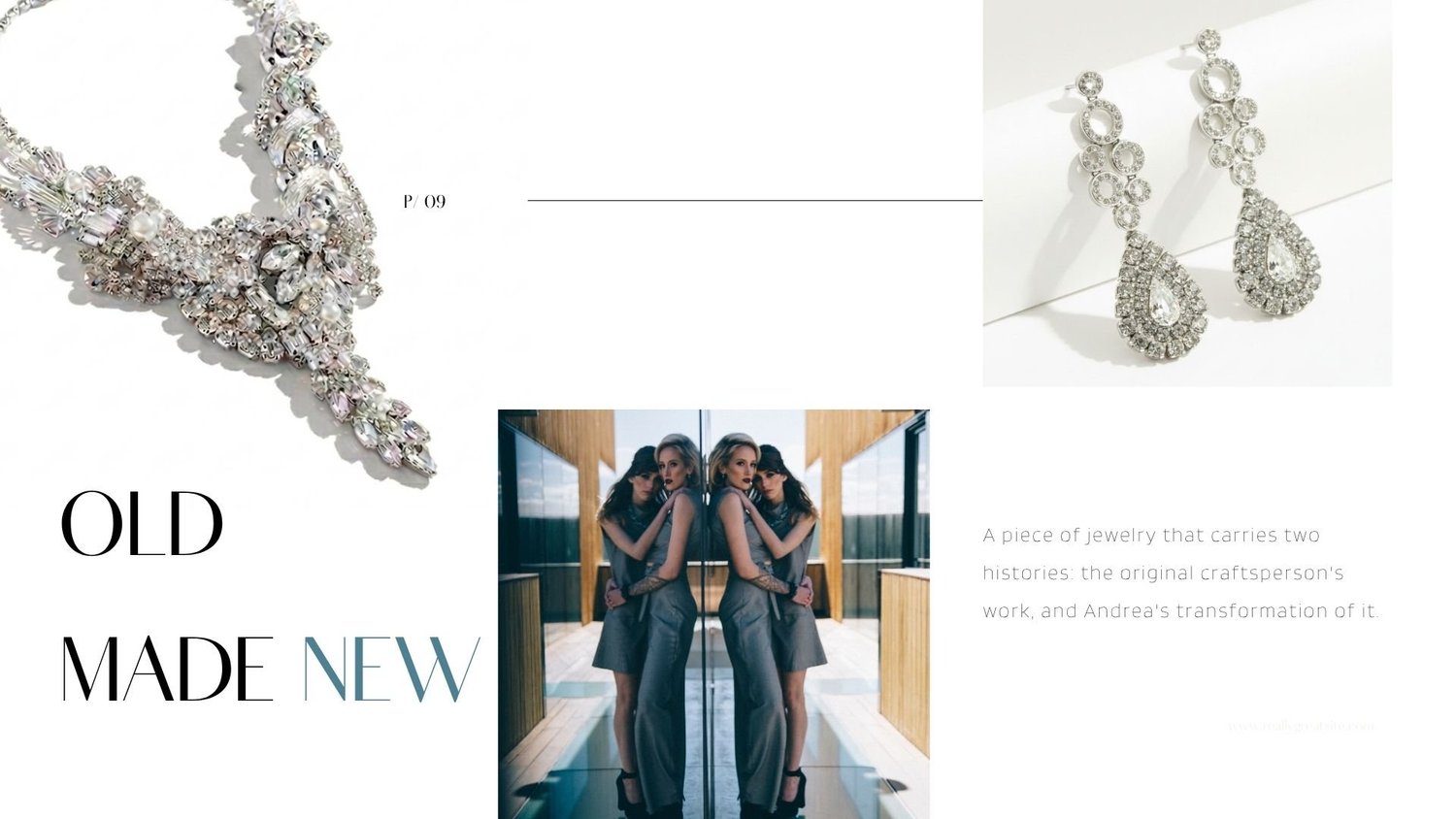 Mod lookbook spread with crystal statement jewelry, dramatic mirrored model portrait, and sparkling drop earrings on white.