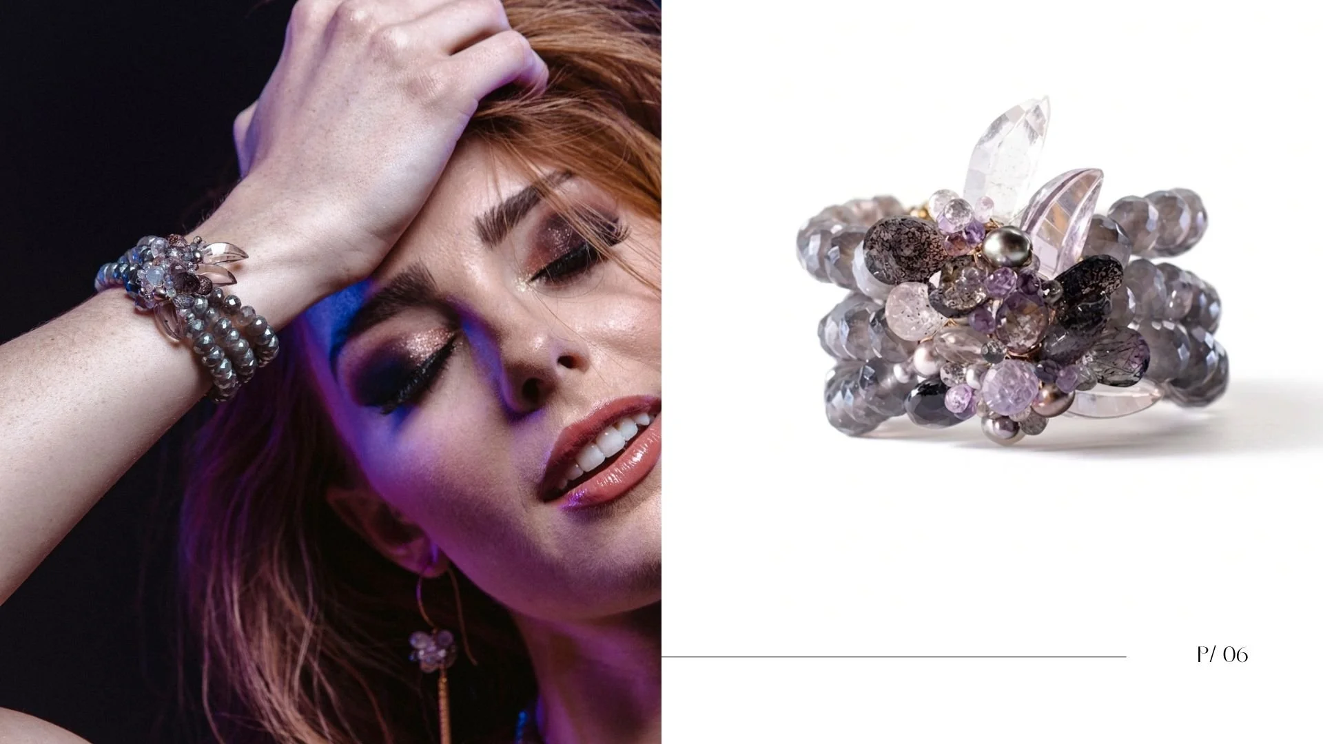 Close-up lookbook spread featuring a woman in moody blue and purple lighting wearing a layered gemstone cuff bracelet, paired with a product photo of the same multi-strand bracelet in smoky gray, blush, and clear gemstones.
