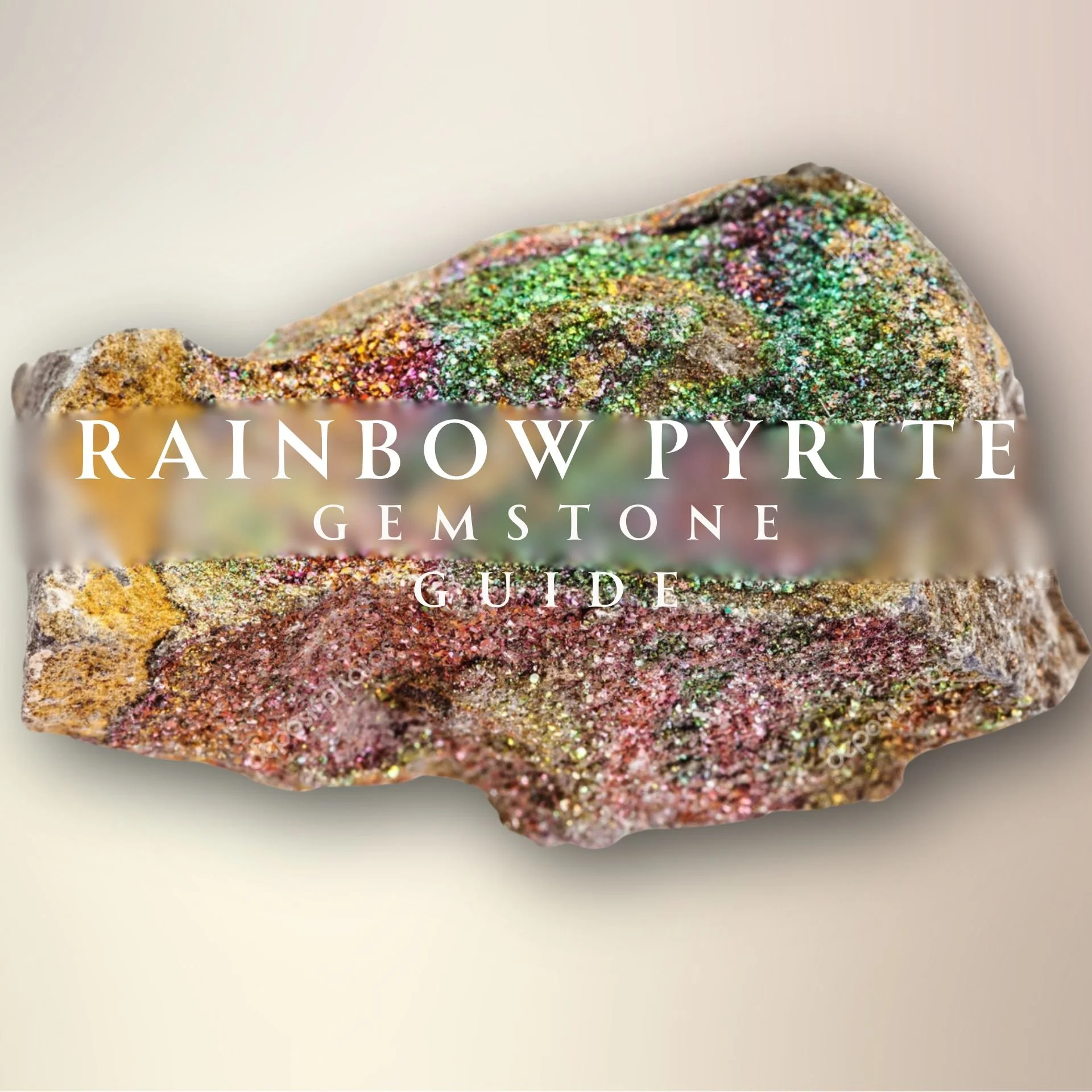 Graphic of a shimmering rainbow pyrite slab with overlaid text reading “Rainbow Pyrite Gemstone Guide” on a soft neutral background.