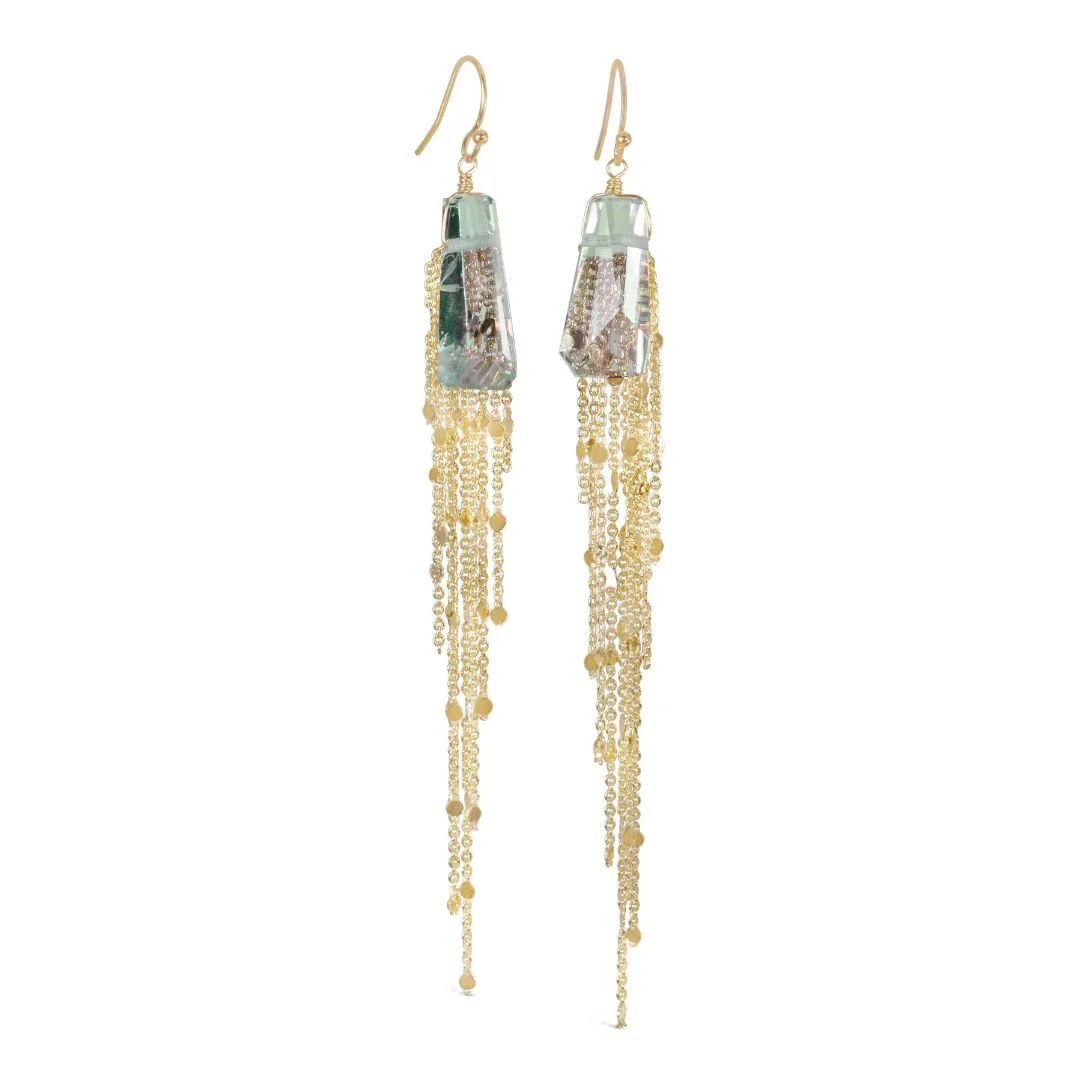 Green Long Gemstone Tassel Earrings