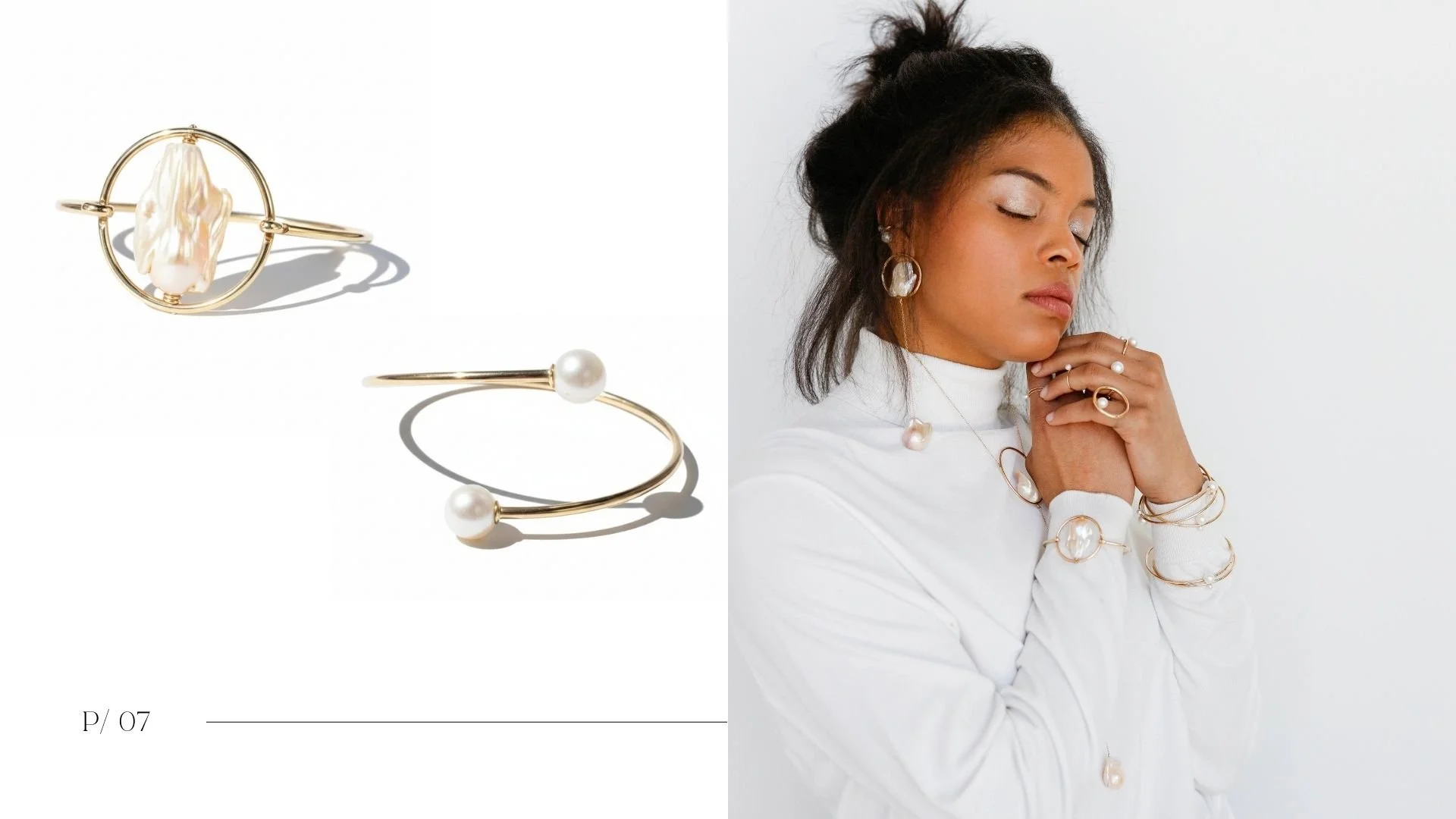 Aglow lookbook spread showing two 14k gold pearl bracelets on a white background beside a model in a white turtleneck wearing layered pearl jewelry, rings, and bangles.