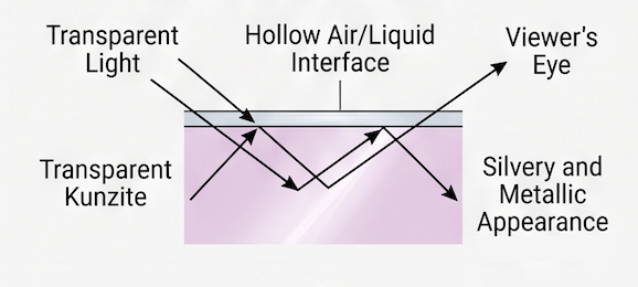 Total internal reflection diagram: light traveling through transparent kunzite meets a hollow air and liquid interface and reflects back, producing a silvery metallic appearance